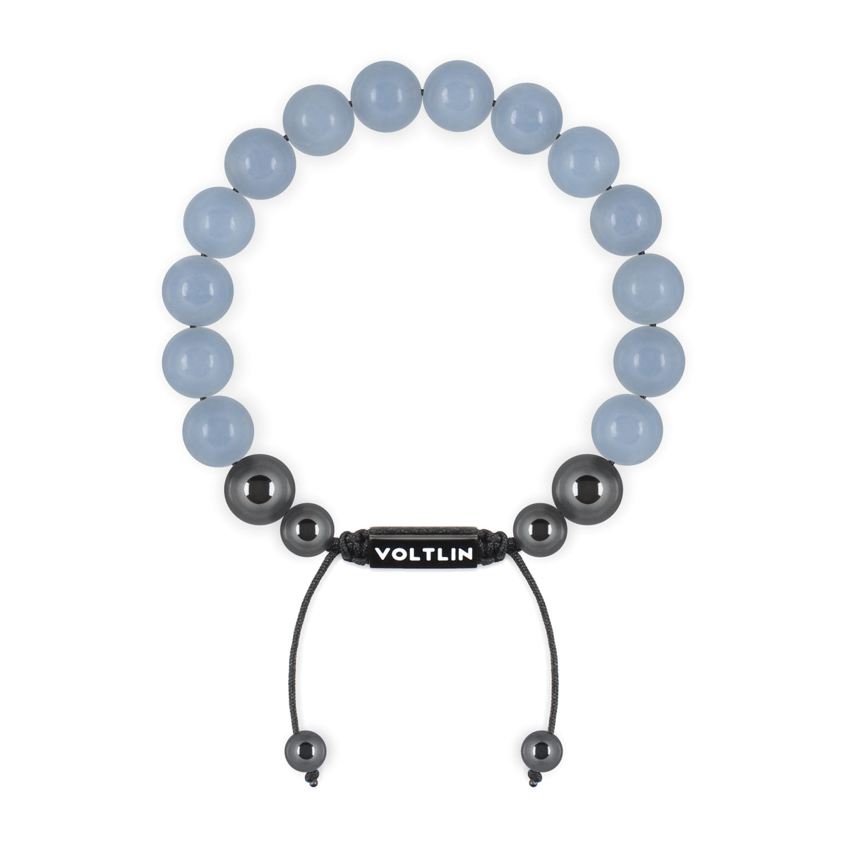 Top view of a 10mm Angelite crystal beaded shamballa bracelet with black stainless steel logo bead made by Voltlin