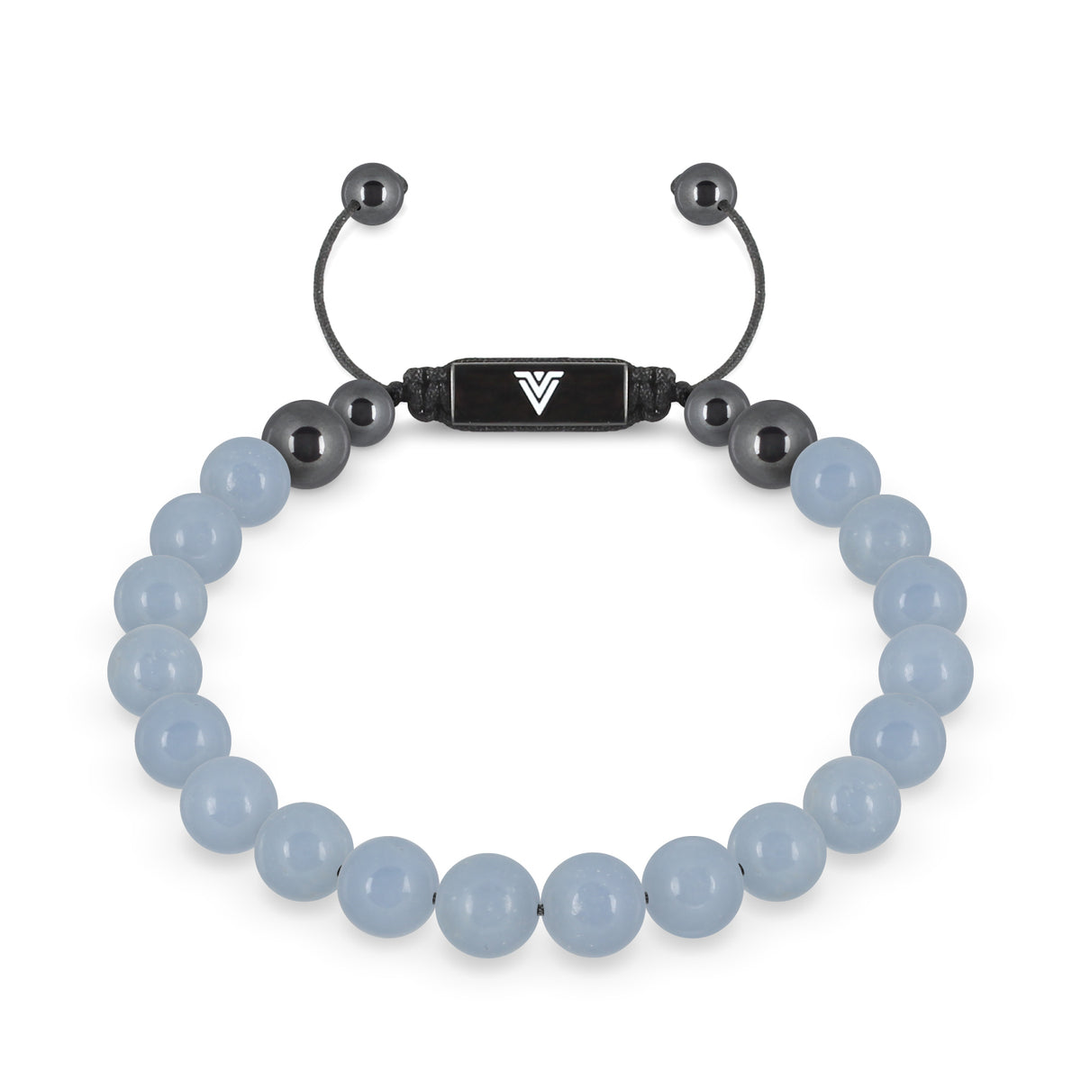 Front view of an 8mm Angelite crystal beaded shamballa bracelet with black stainless steel logo bead made by Voltlin