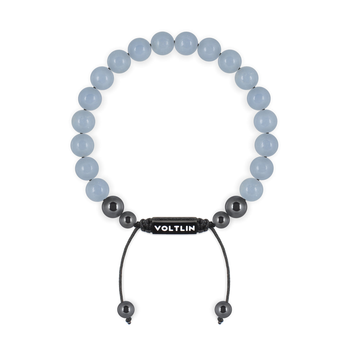 Top view of an 8mm Angelite crystal beaded shamballa bracelet with black stainless steel logo bead made by Voltlin