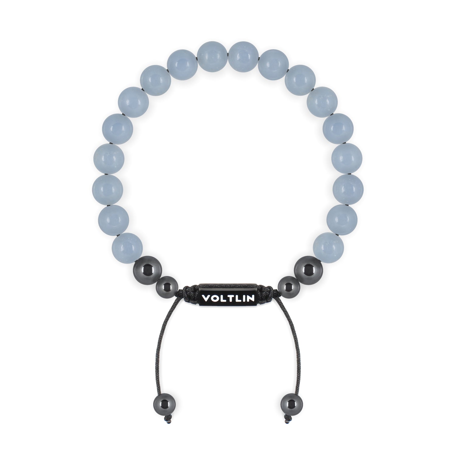 Top view of an 8mm Angelite crystal beaded shamballa bracelet with black stainless steel logo bead made by Voltlin