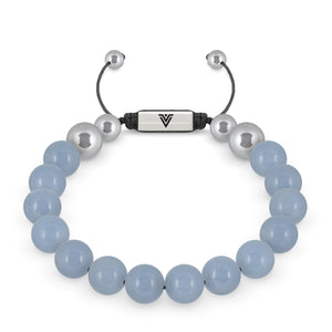 Front view of a 10mm Angelite beaded shamballa bracelet with silver stainless steel logo bead made by Voltlin