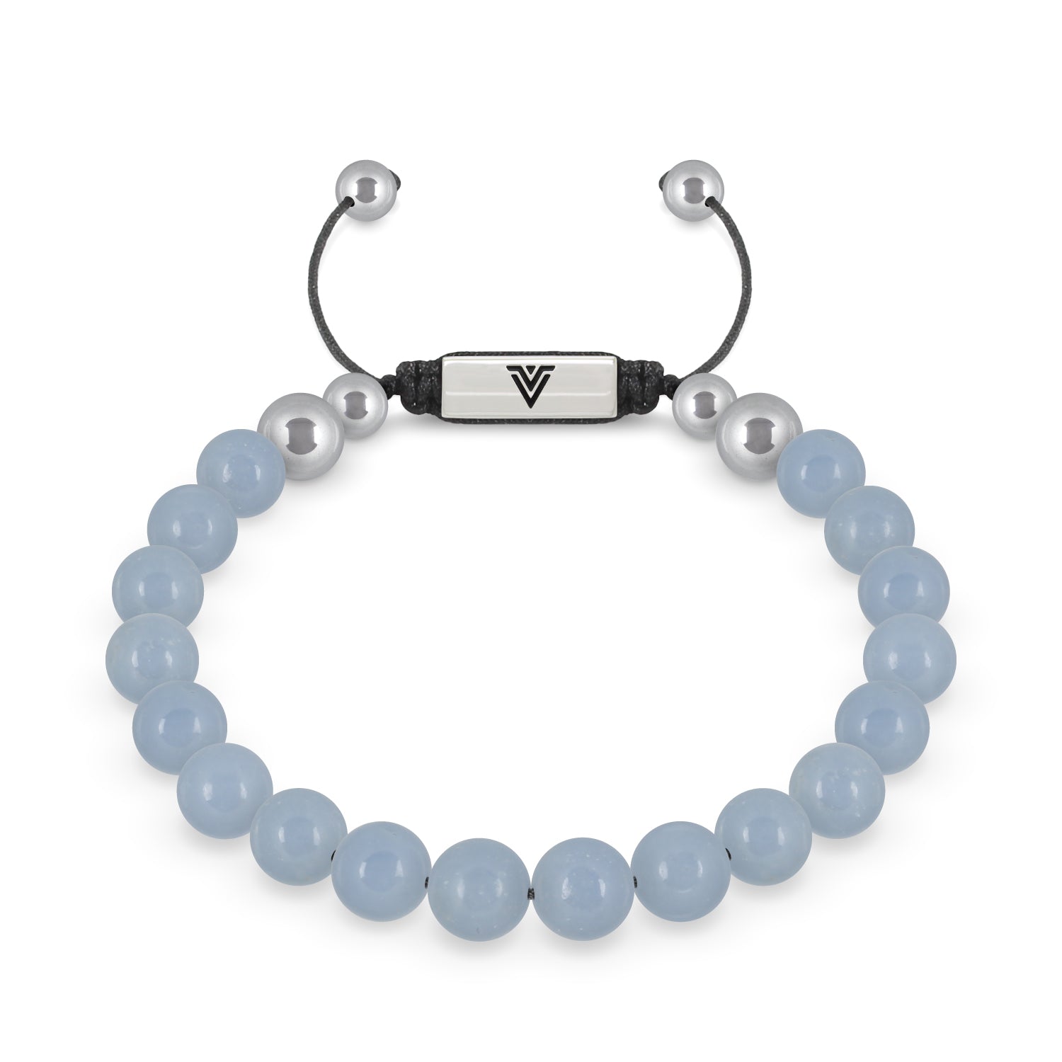 Front view of an 8mm Angelite beaded shamballa bracelet with silver stainless steel logo bead made by Voltlin