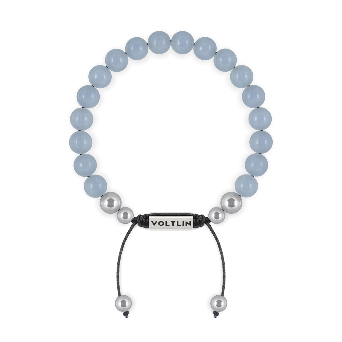Top view of an 8mm Angelite beaded shamballa bracelet with silver stainless steel logo bead made by Voltlin