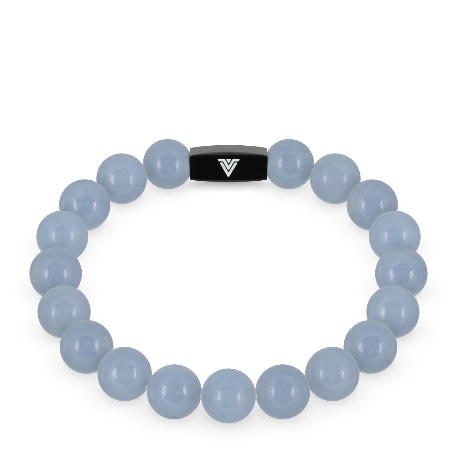 Front view of a 10mm Angelite crystal beaded stretch bracelet with black stainless steel logo bead made by Voltlin