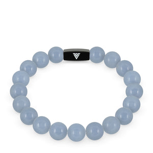 Front view of a 10mm Angelite crystal beaded stretch bracelet with black stainless steel logo bead made by Voltlin