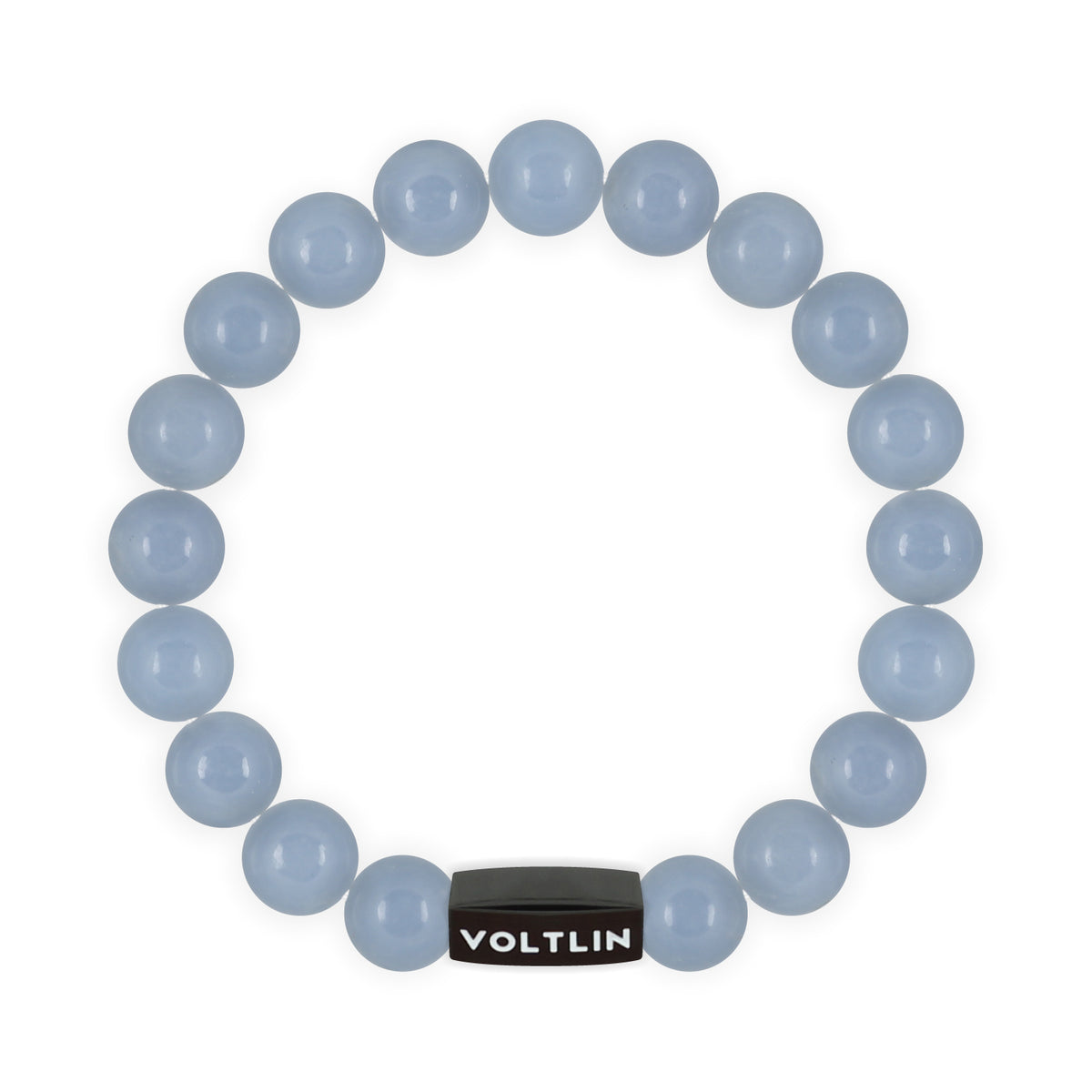 Top view of a 10mm Angelite crystal beaded stretch bracelet with black stainless steel logo bead made by Voltlin