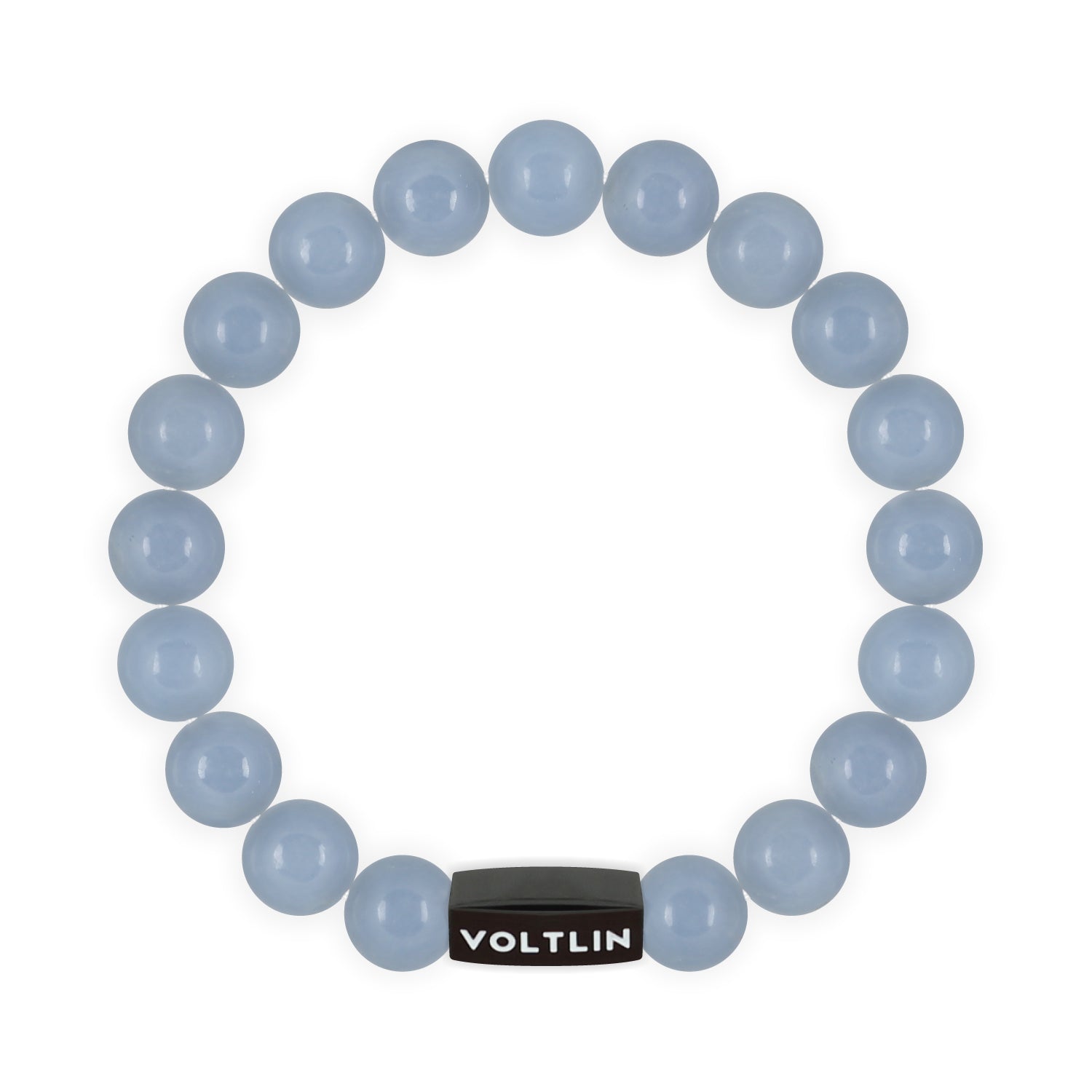 Top view of a 10mm Angelite crystal beaded stretch bracelet with black stainless steel logo bead made by Voltlin