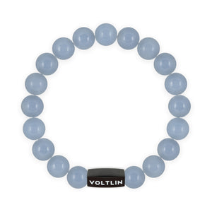 Top view of a 10mm Angelite crystal beaded stretch bracelet with black stainless steel logo bead made by Voltlin