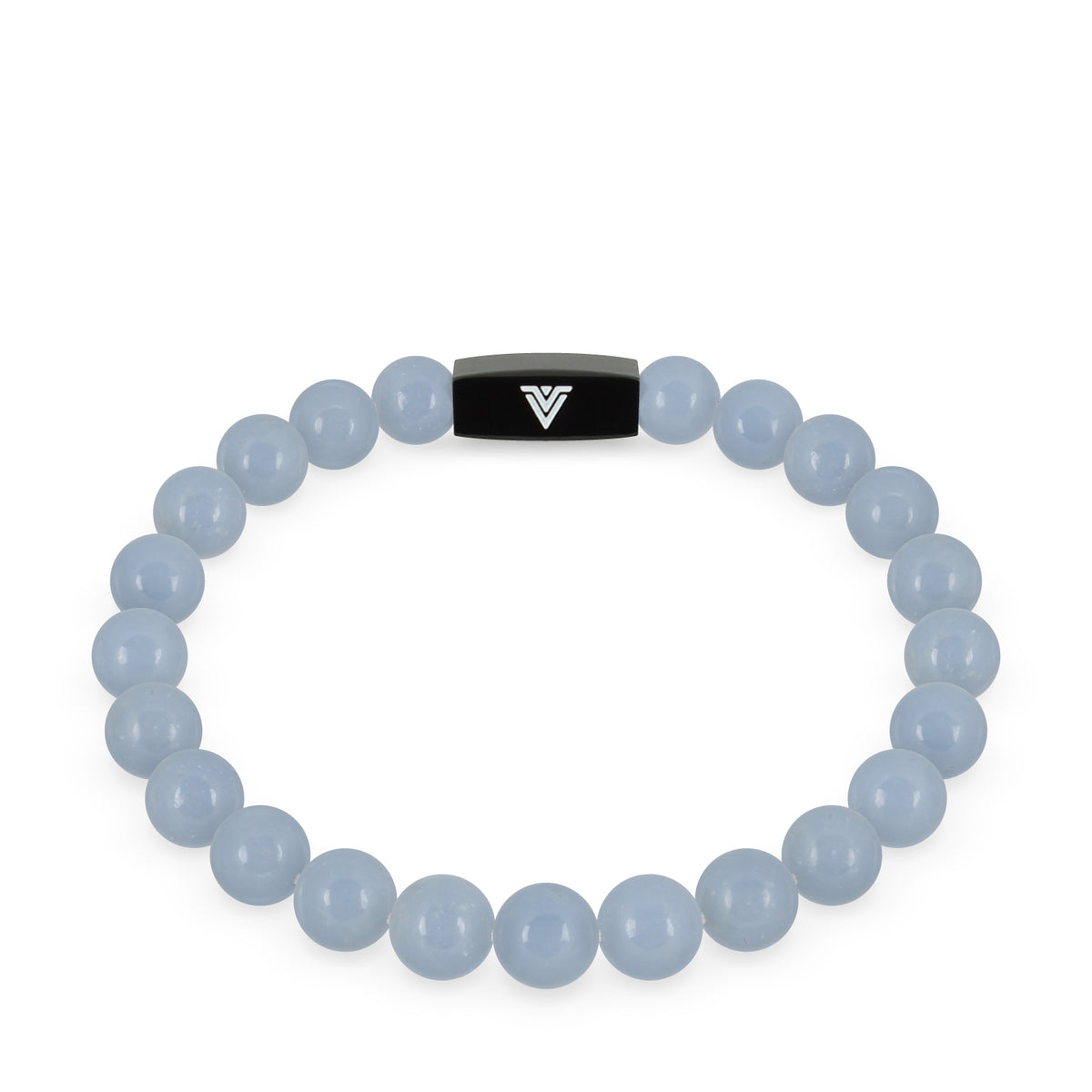Front view of an 8mm Angelite crystal beaded stretch bracelet with black stainless steel logo bead made by Voltlin