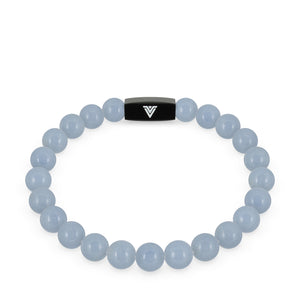 Front view of an 8mm Angelite crystal beaded stretch bracelet with black stainless steel logo bead made by Voltlin