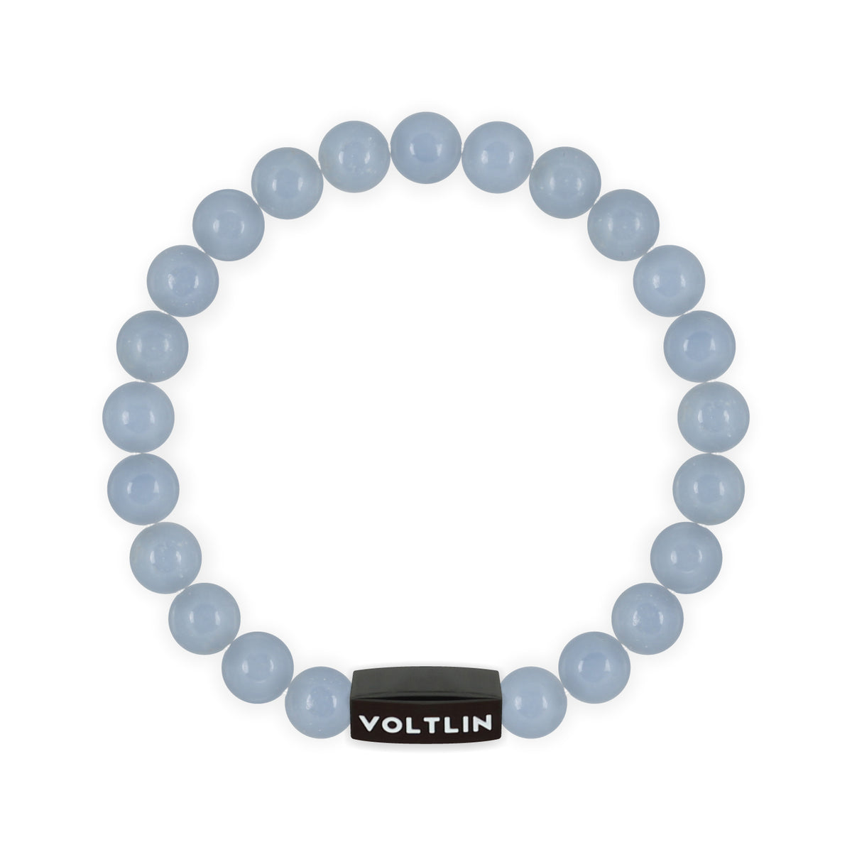 Top view of an 8mm Angelite crystal beaded stretch bracelet with black stainless steel logo bead made by Voltlin