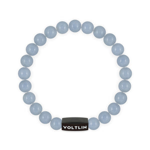 Top view of an 8mm Angelite crystal beaded stretch bracelet with black stainless steel logo bead made by Voltlin