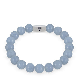 Front view of a 10mm Angelite beaded stretch bracelet with silver stainless steel logo bead made by Voltlin