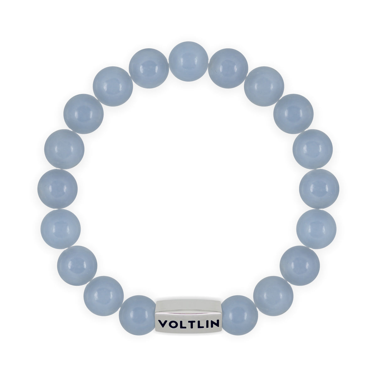 Top view of a 10mm Angelite beaded stretch bracelet with silver stainless steel logo bead made by Voltlin