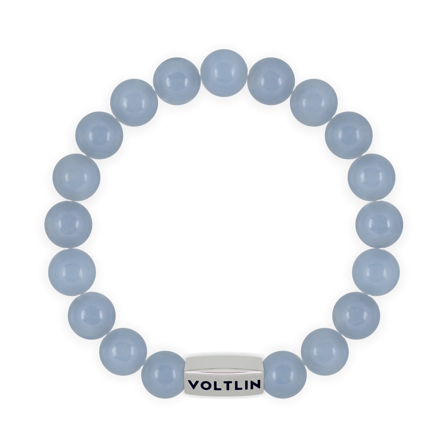 Top view of a 10mm Angelite beaded stretch bracelet with silver stainless steel logo bead made by Voltlin