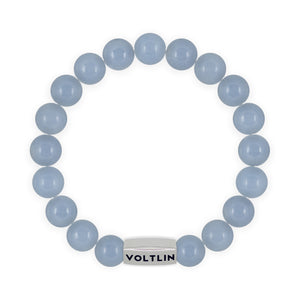 Top view of a 10mm Angelite beaded stretch bracelet with silver stainless steel logo bead made by Voltlin