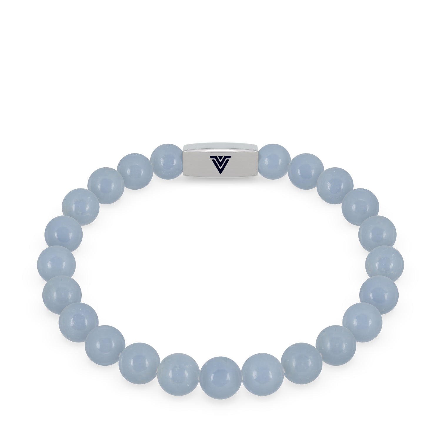 Front view of an 8mm Angelite beaded stretch bracelet with silver stainless steel logo bead made by Voltlin