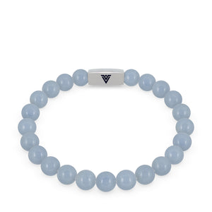 Front view of an 8mm Angelite beaded stretch bracelet with silver stainless steel logo bead made by Voltlin