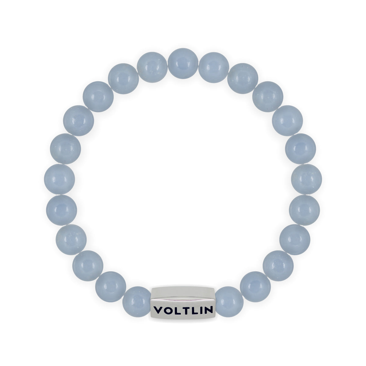 Top view of an 8mm Angelite beaded stretch bracelet with silver stainless steel logo bead made by Voltlin
