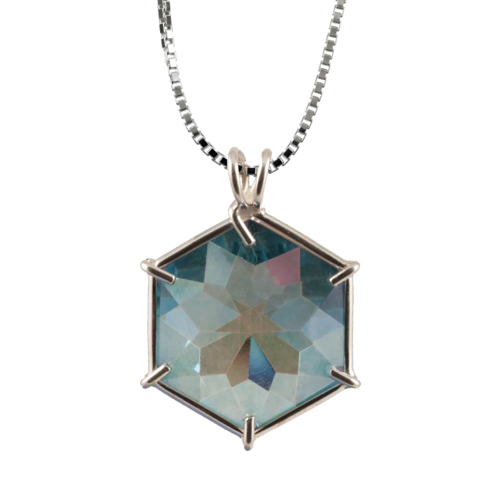 Aqua Aura Quartz Flower of Life Chain Pendant Sacred Geometry Crystal Jewelry, Unisex, Sterling Silver, VOLTLIN