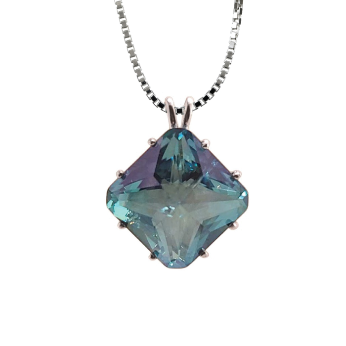 Aqua Aura Quartz Magician Stone Chain Pendant Sacred Geometry Crystal Jewelry, Unisex, Sterling Silver, VOLTLIN