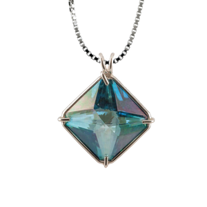 Aqua Aura Quartz Magician Stone Chain Pendant Sacred Geometry Crystal Jewelry, Unisex, Sterling Silver, VOLTLIN