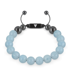 Front view of a 10mm Aquamarine crystal beaded shamballa bracelet with black stainless steel logo bead made by Voltlin