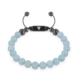 Front view of an 8mm Aquamarine crystal beaded shamballa bracelet with black stainless steel logo bead made by Voltlin