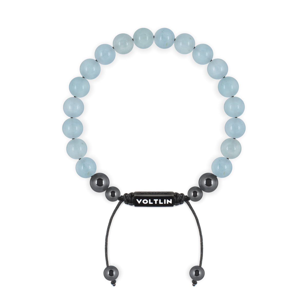 Top view of an 8mm Aquamarine crystal beaded shamballa bracelet with black stainless steel logo bead made by Voltlin