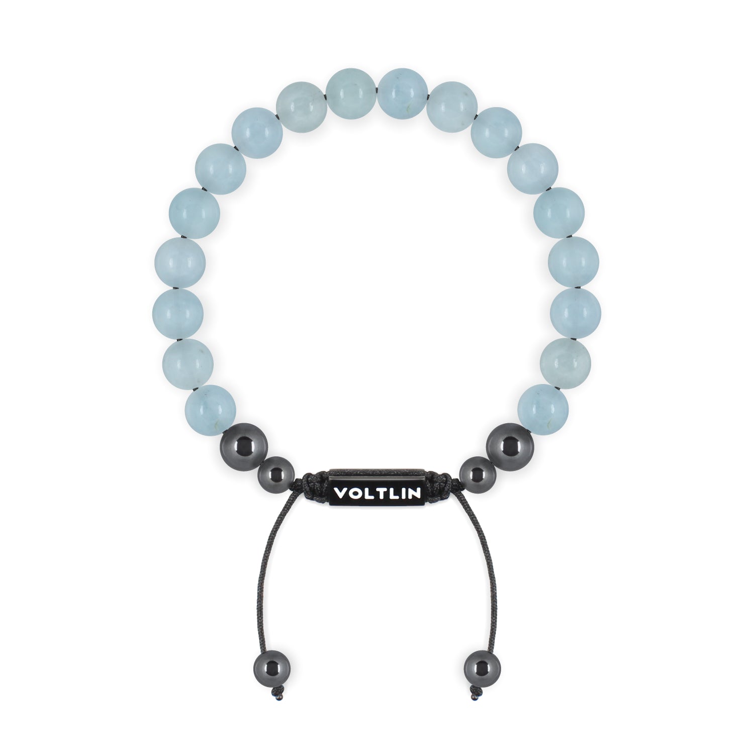 Top view of an 8mm Aquamarine crystal beaded shamballa bracelet with black stainless steel logo bead made by Voltlin
