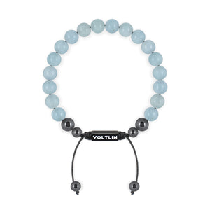 Top view of an 8mm Aquamarine crystal beaded shamballa bracelet with black stainless steel logo bead made by Voltlin