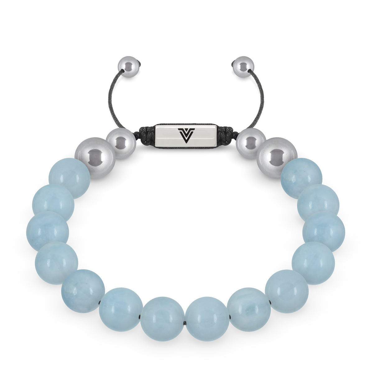 Front view of a 10mm Aquamarine beaded shamballa bracelet with silver stainless steel logo bead made by Voltlin