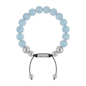 Top view of a 10mm Aquamarine beaded shamballa bracelet with silver stainless steel logo bead made by Voltlin