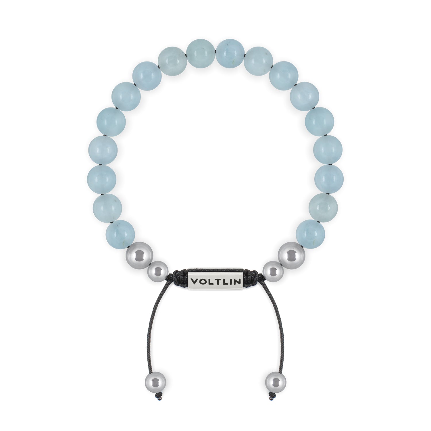 Front view of an 8mm Aquamarine beaded shamballa bracelet with silver stainless steel logo bead made by Voltlin