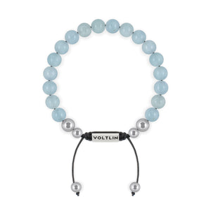 Top view of an 8mm Aquamarine beaded shamballa bracelet with silver stainless steel logo bead made by Voltlin