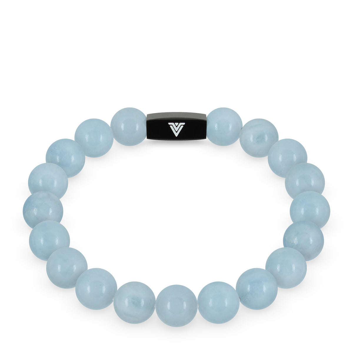 Front view of a 10mm Aquamarine crystal beaded stretch bracelet with black stainless steel logo bead made by Voltlin