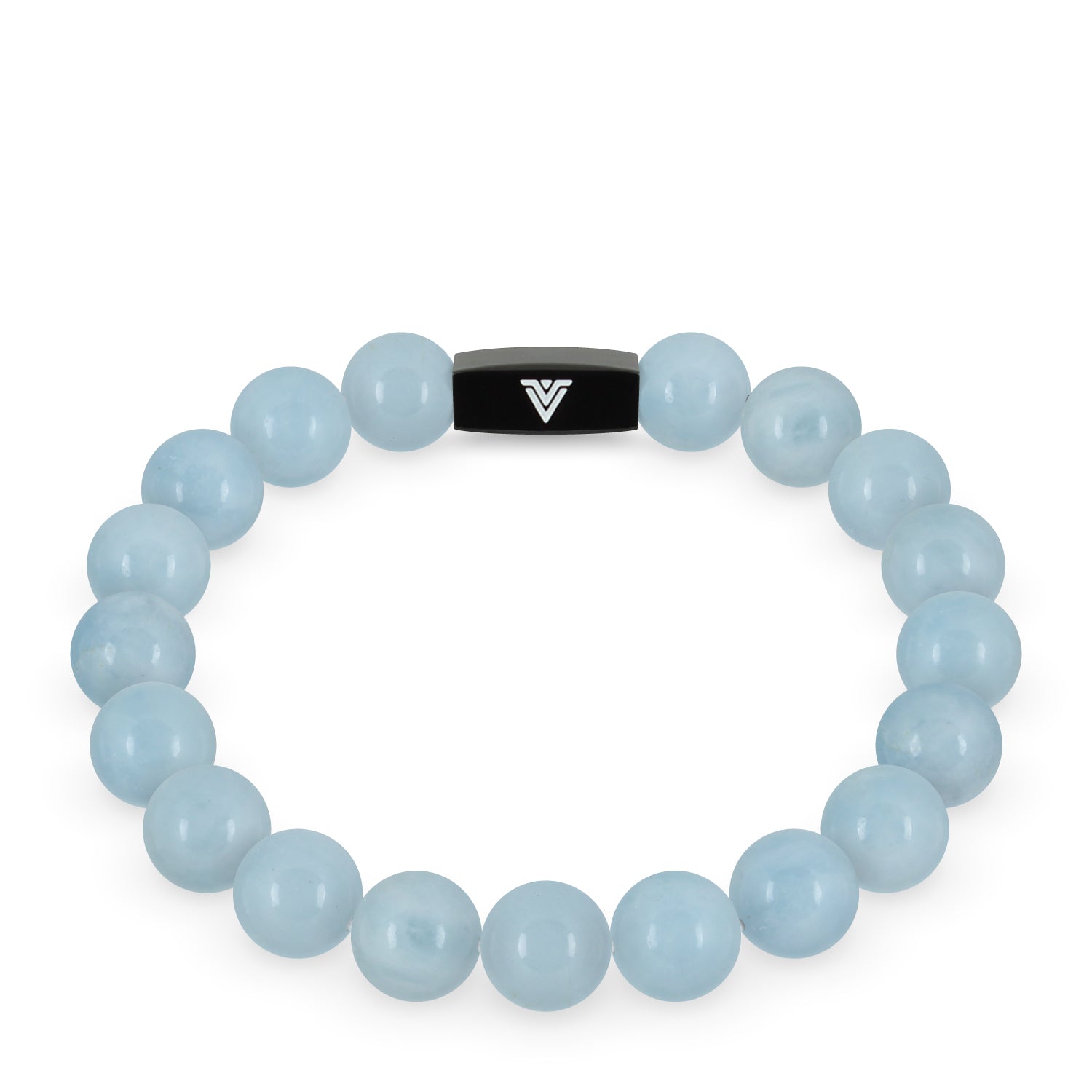 Front view of a 10mm Aquamarine crystal beaded stretch bracelet with black stainless steel logo bead made by Voltlin