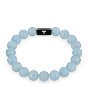Front view of a 10mm Aquamarine crystal beaded stretch bracelet with black stainless steel logo bead made by Voltlin