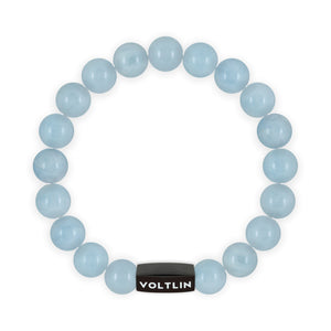 Top view of a 10mm Aquamarine crystal beaded stretch bracelet with black stainless steel logo bead made by Voltlin