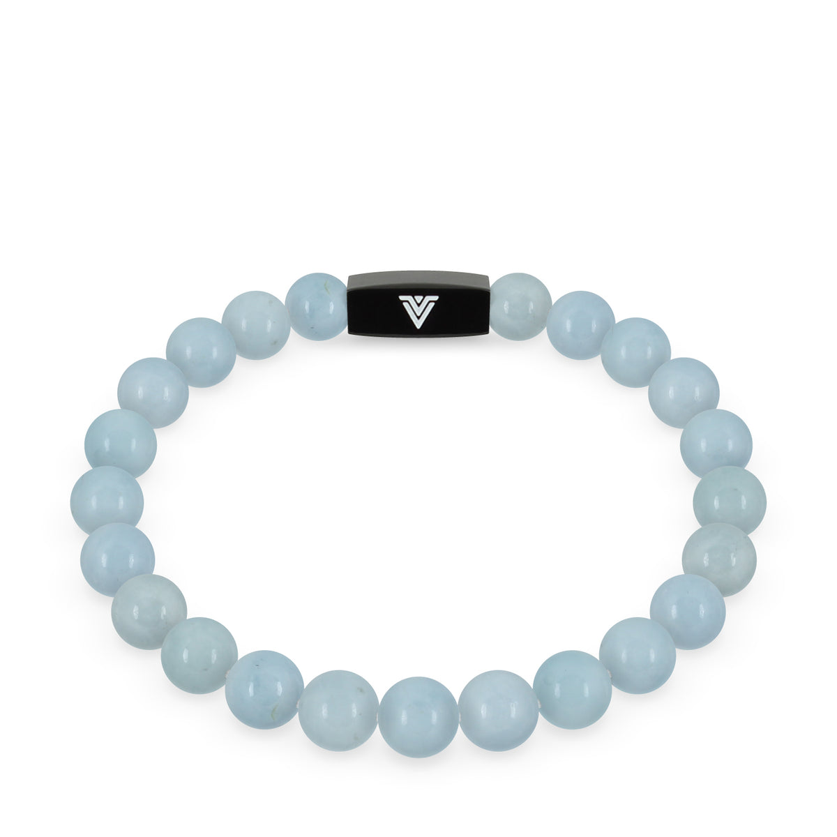 Front view of an 8mm Aquamarine crystal beaded stretch bracelet with black stainless steel logo bead made by Voltlin