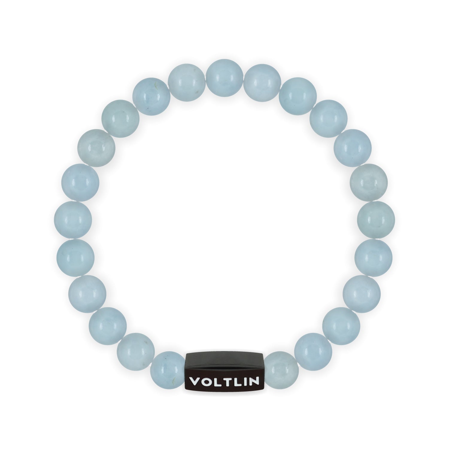 Top view of an 8mm Aquamarine crystal beaded stretch bracelet with black stainless steel logo bead made by Voltlin