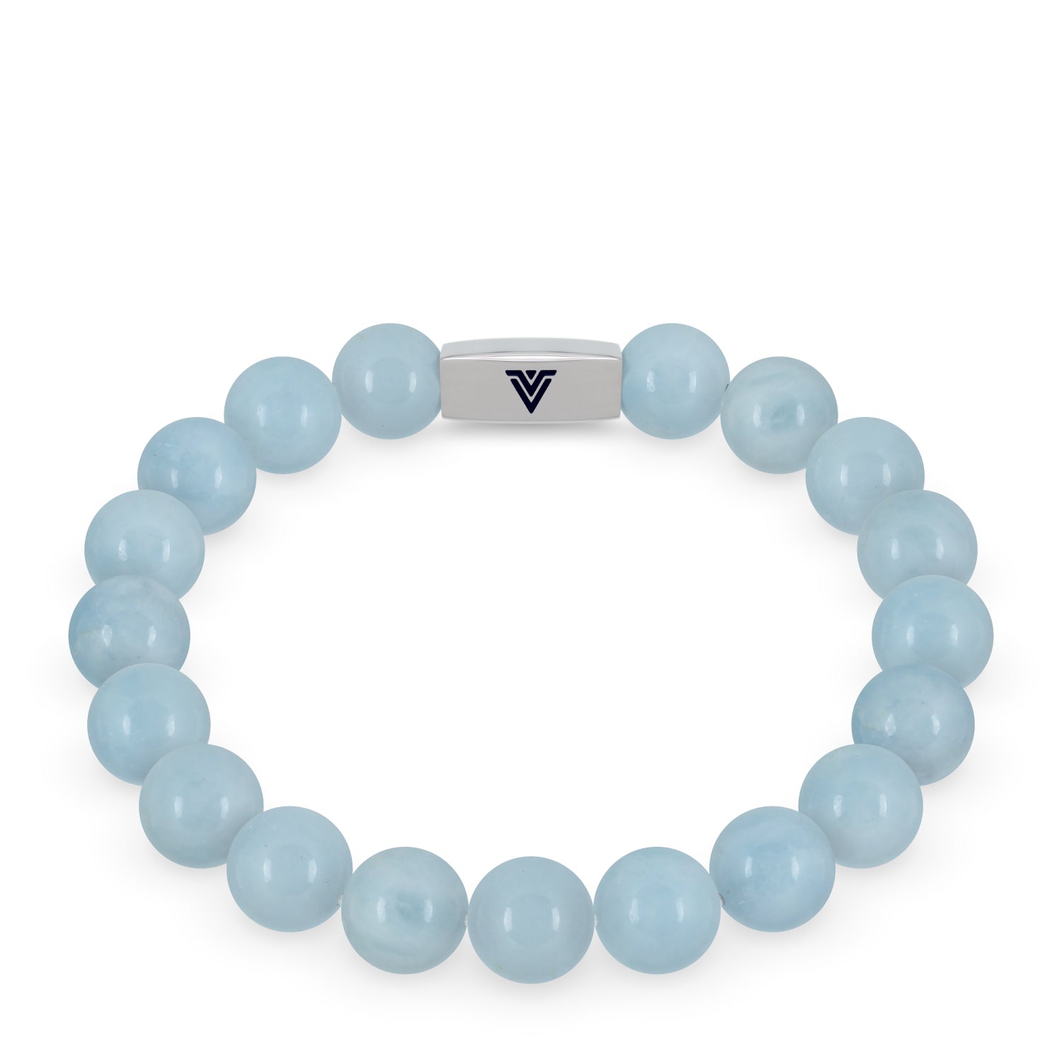 Front view of a 10mm Aquamarine beaded stretch bracelet with silver stainless steel logo bead made by Voltlin