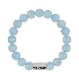 Top view of a 10mm Aquamarine beaded stretch bracelet with silver stainless steel logo bead made by Voltlin