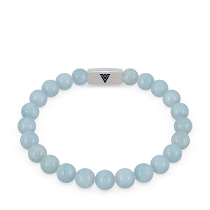 Front view of an 8mm Aquamarine beaded stretch bracelet with silver stainless steel logo bead made by Voltlin