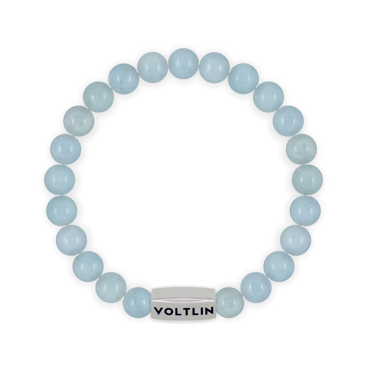 Top view of an 8mm Aquamarine beaded stretch bracelet with silver stainless steel logo bead made by Voltlin