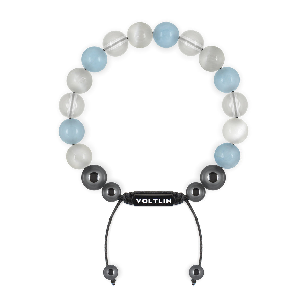 Top view of a 10mm Aquarius Zodiac crystal beaded shamballa bracelet with black stainless steel logo bead made by Voltlin