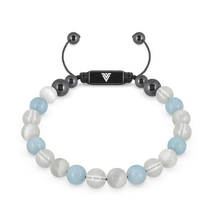 Front view of an 8mm Aquarius Zodiac crystal beaded shamballa bracelet with black stainless steel logo bead made by Voltlin
