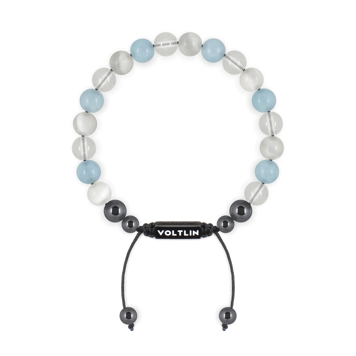 Top view of an 8mm Aquarius Zodiac crystal beaded shamballa bracelet with black stainless steel logo bead made by Voltlin