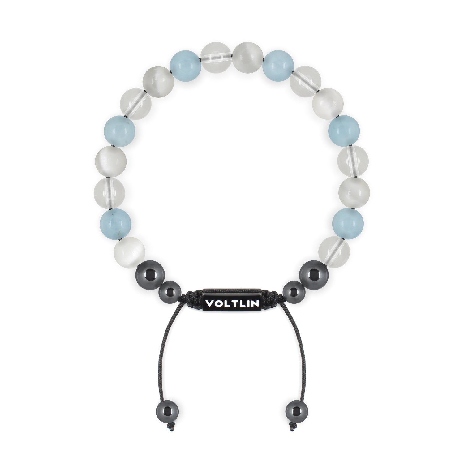 Top view of an 8mm Aquarius Zodiac crystal beaded shamballa bracelet with black stainless steel logo bead made by Voltlin