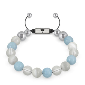 Front view of a 10mm Aquarius Zodiac beaded shamballa bracelet featuring Selenite, Aquamarine, & Quartz crystal and silver stainless steel logo bead made by Voltlin